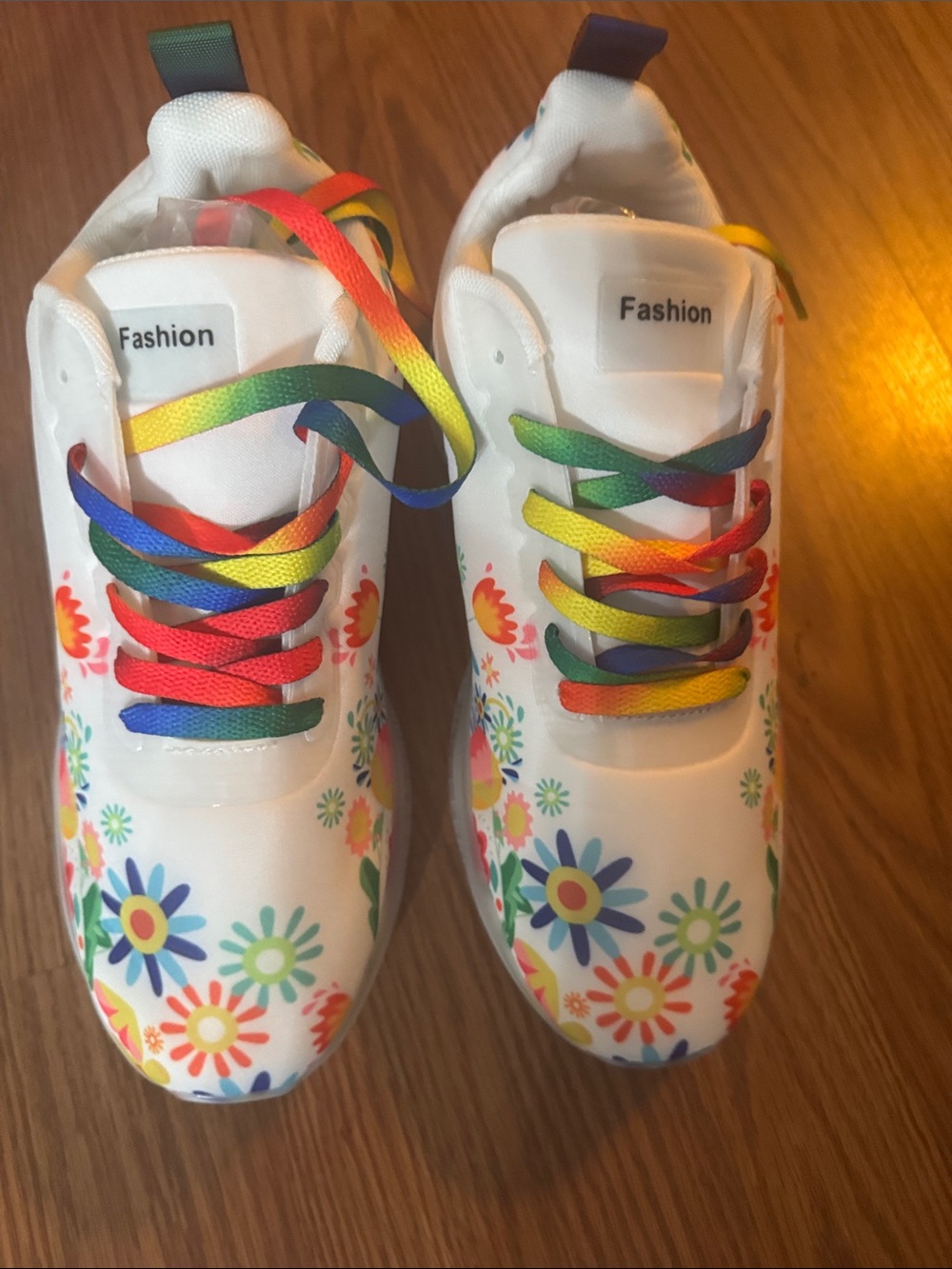 Kids' White Sneakers with Rainbow Laces and Floral Print
